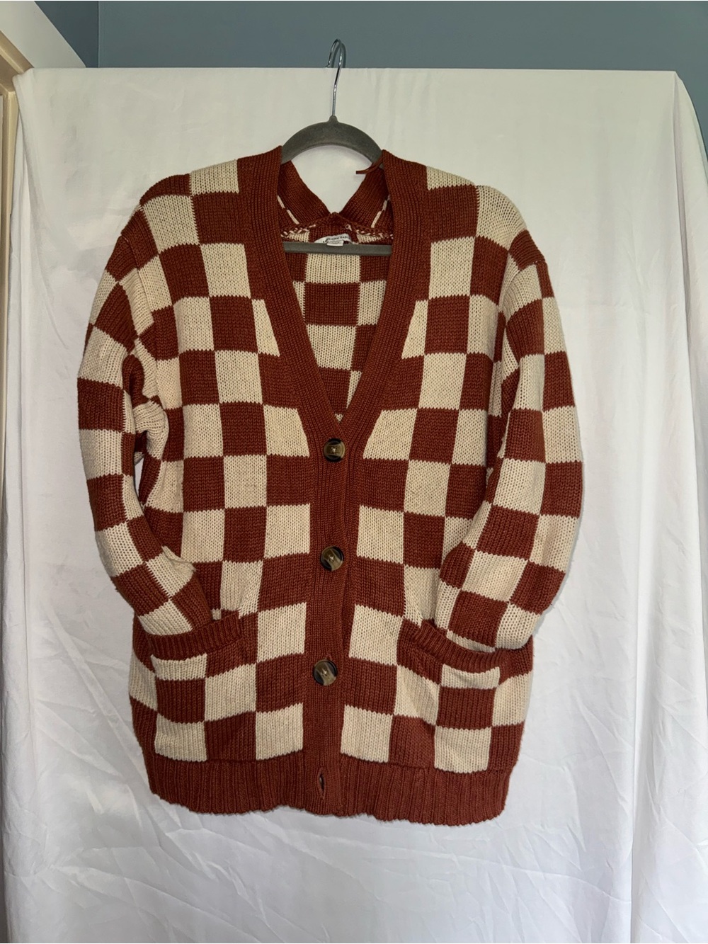 American Eagle Outfitters Checkerboard Button Cardigan - Rust & Cream